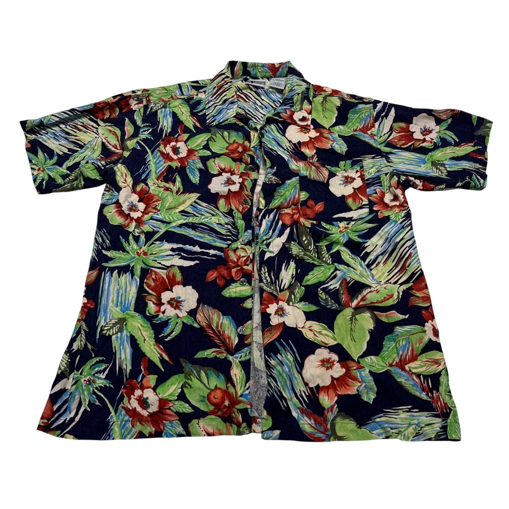 Untied Floral Hawaiian Mens Button Up Shirt Large Navy Blue 100% Silk Tropical